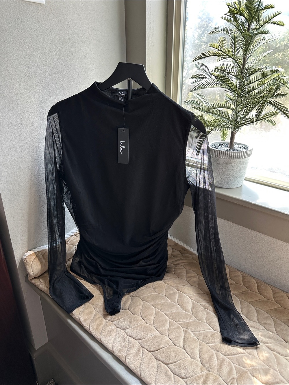 Lulu's Black Long-Sleeve Sheer Mesh Bodysuit